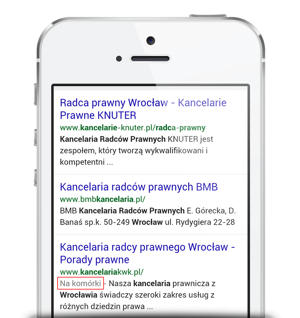 Zrzut z wyników wyszukiwania zwracanych przez wyszukiwarkę Google.pl na smartfonie, pokazujące informację 'na komórki' przy stronach, kóre są dostosowane do urządzeń mobilnych.